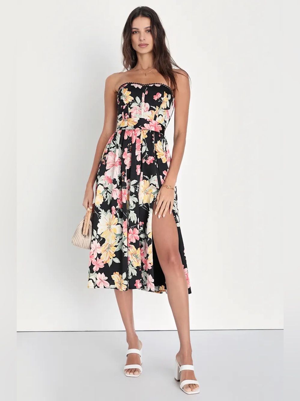 Lulus Symphony Black Floral Satin Strapless Bustier Dress Sz XL Summer Event